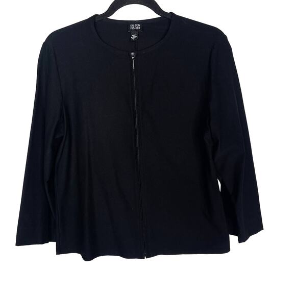 Eileen Fisher M Black 3/4 Sleeve Zip Front Cardigan Top Viscose Nylon Stretch - Picture 1 of 6